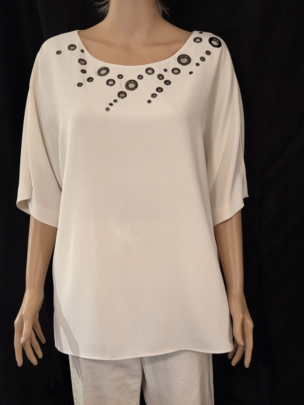 St. John Cream Embellished Scoop Neck Blouse